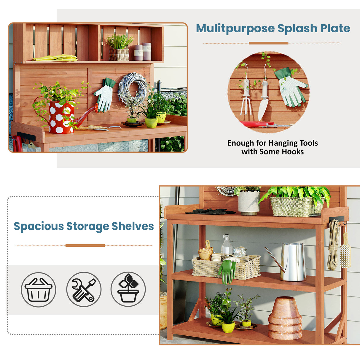 65" Large Wooden Farmhouse Rustic Outdoor Potting Bench Table Garden Potting Bench with 4 Storage Shelves and Side Hook,Natural - V.I.P Digital Presence