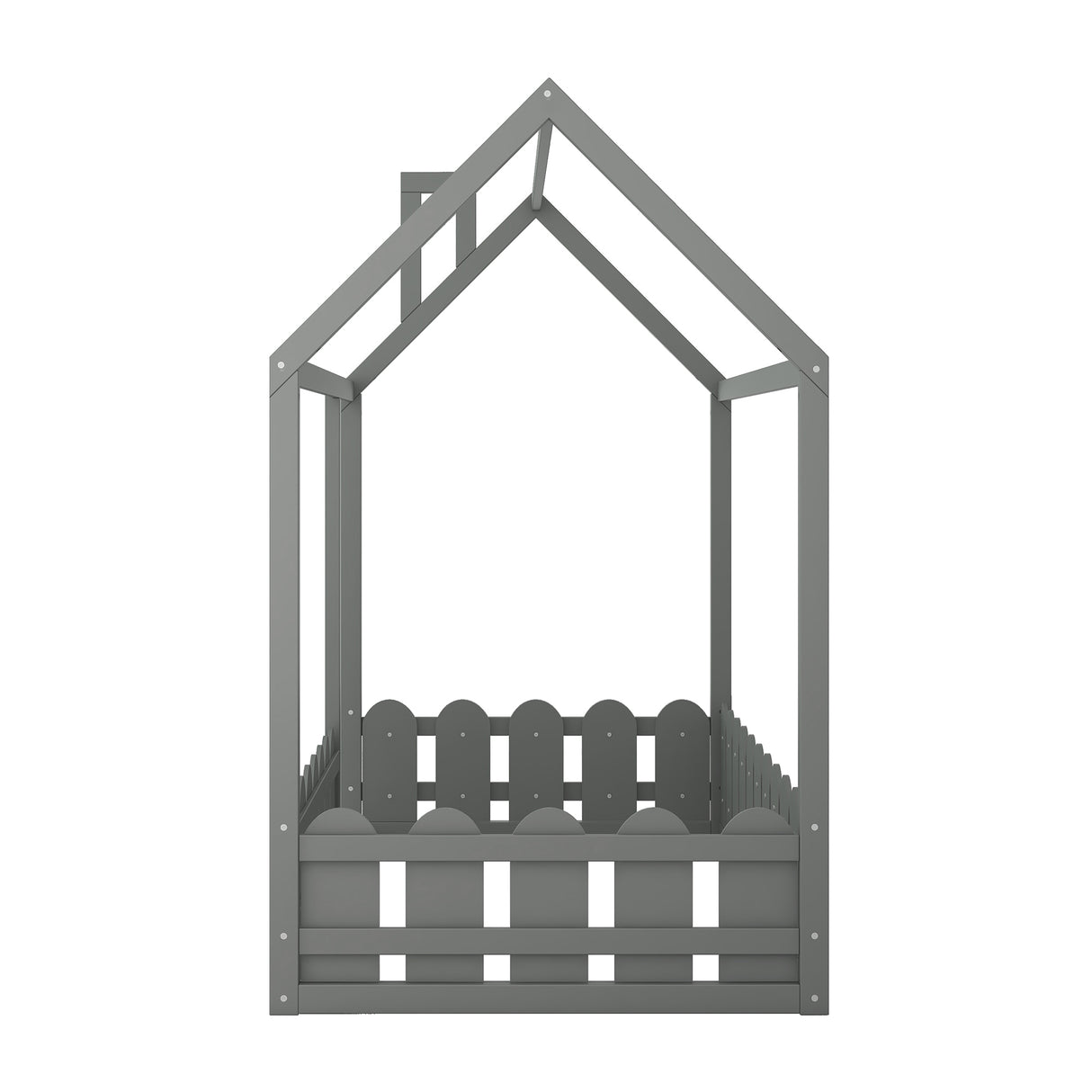 {Slats are not included}Twin Size Wood Bed House Bed Frame with Fence for Kids Teens Girls Boys {Gray}