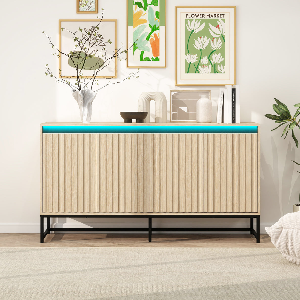 Engraved 4-door side panel with LED, self-service cabinet storage cabinet, modern coffee bar cabinet with adjustable shelves - V.I.P Digital Presence