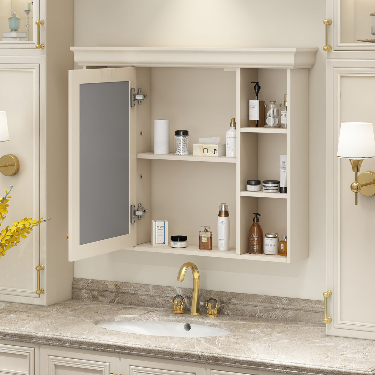 35'' x 28'' Blue Wall Mounted Bathroom Storage Cabinet with Mirror Door, Modern Bathroom Wall Cabinet with Mirror - V.I.P Digital Presence