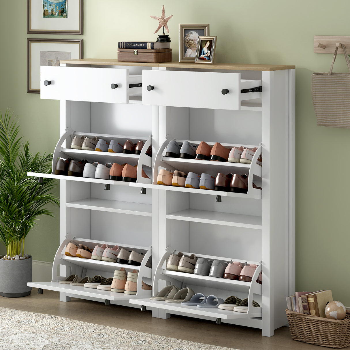 ONTREND ultra-thin shoe cabinet set with 4 flip drawers and adjustable panel top shoe rack, white - V.I.P Digital Presence