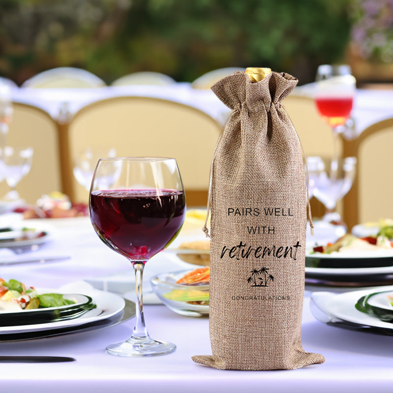 Red Wine Bag for Retirement Celebration: Party Wine Packaging Bag, Imitation Linen Drawstring Pouch, Gift Bag - V.I.P Digital Presence