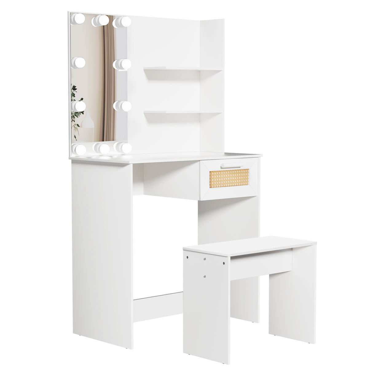 Vanity Desk Set Stool & Dressing Table with LED Lighting Mirror Drawer and Wood Cosmetic Table Chest of Drawers White Color - V.I.P Digital Presence