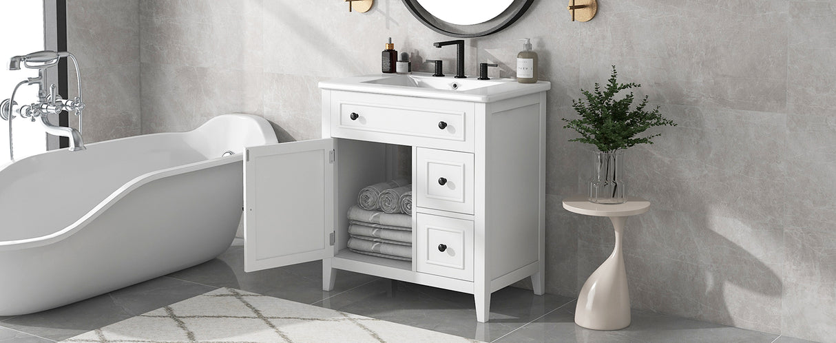 30" Bathroom Vanity with Sink Top, Bathroom Vanity Cabinet with Door and Two Drawers, Solid Wood Frame, One Package, White - V.I.P Digital Presence
