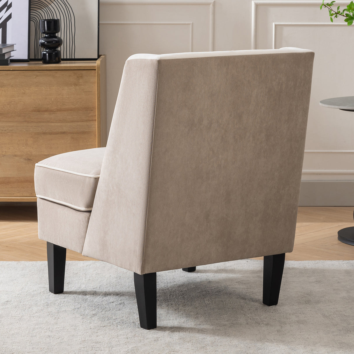Velvet Upholstered Accent Chair with Cream Piping, Tan and Cream - V.I.P Digital Presence