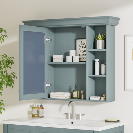 35 ''x 28' 'blue wall mounted bathroom storage cabinet with mirror door and medication cabinet with 6 open shelves - V.I.P Digital Presence