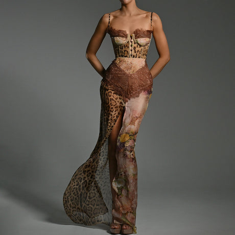 Sexy Women's Strapless Long Dress with Forked Hemline Style Spaghetti Strap Chiffon Dress - V.I.P Digital Presence