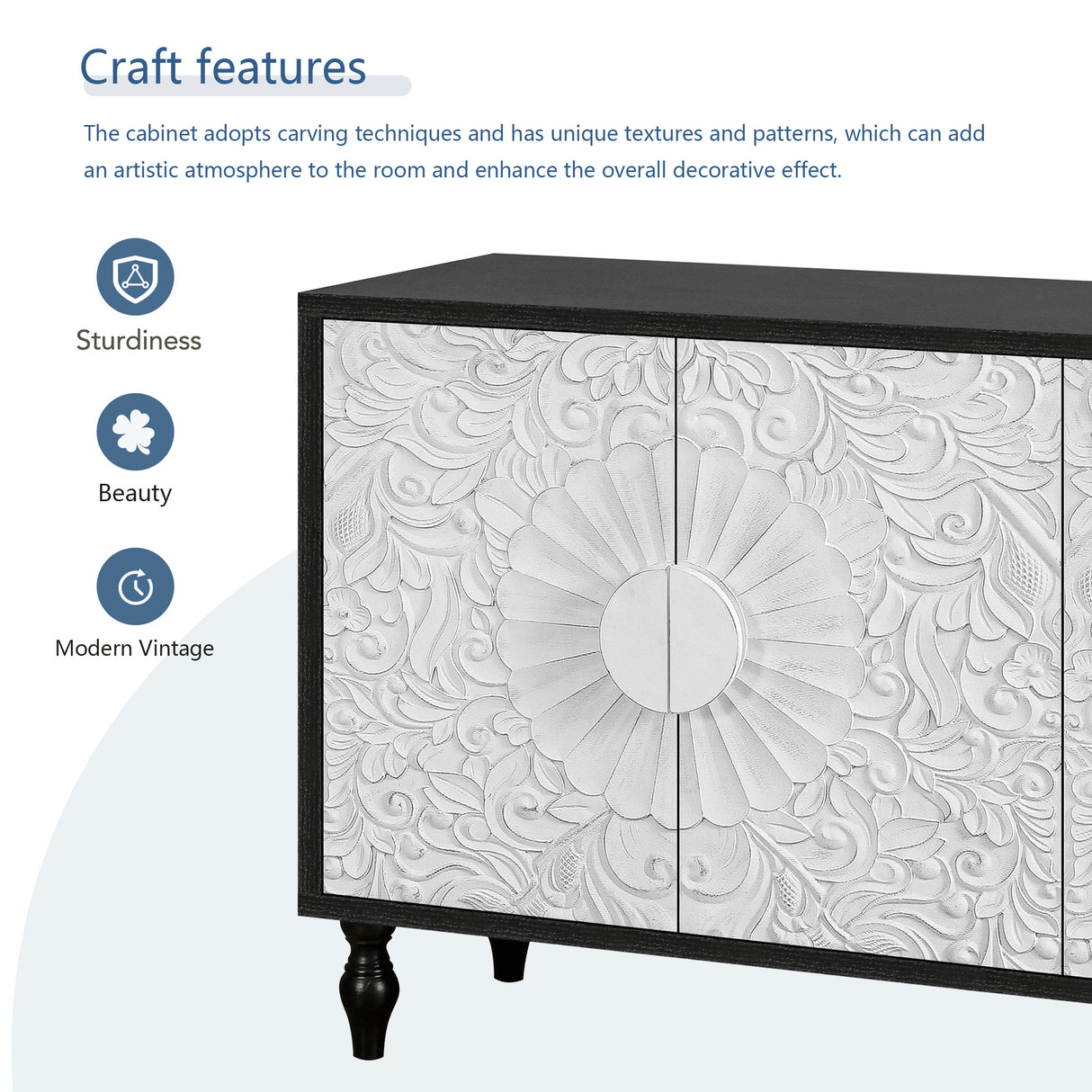 Vintage White Large Faceted Carved And Spliced Doors Combined With Black Frames For TV Stand Table,Sideboards, Accent Cabinets - V.I.P Digital Presence