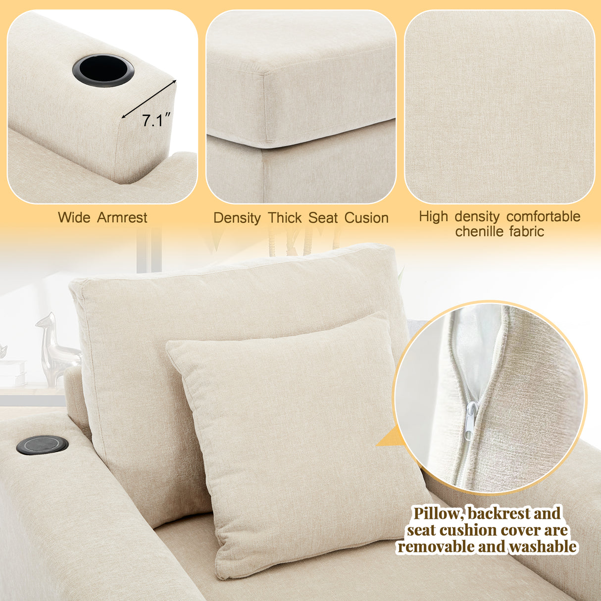 39.7" Oversized Chaise Lounger Modern Style Sofa Couch ,with Pillows, Charge Station & Cup Holders, Chenille Fabric, Cream - V.I.P Digital Presence