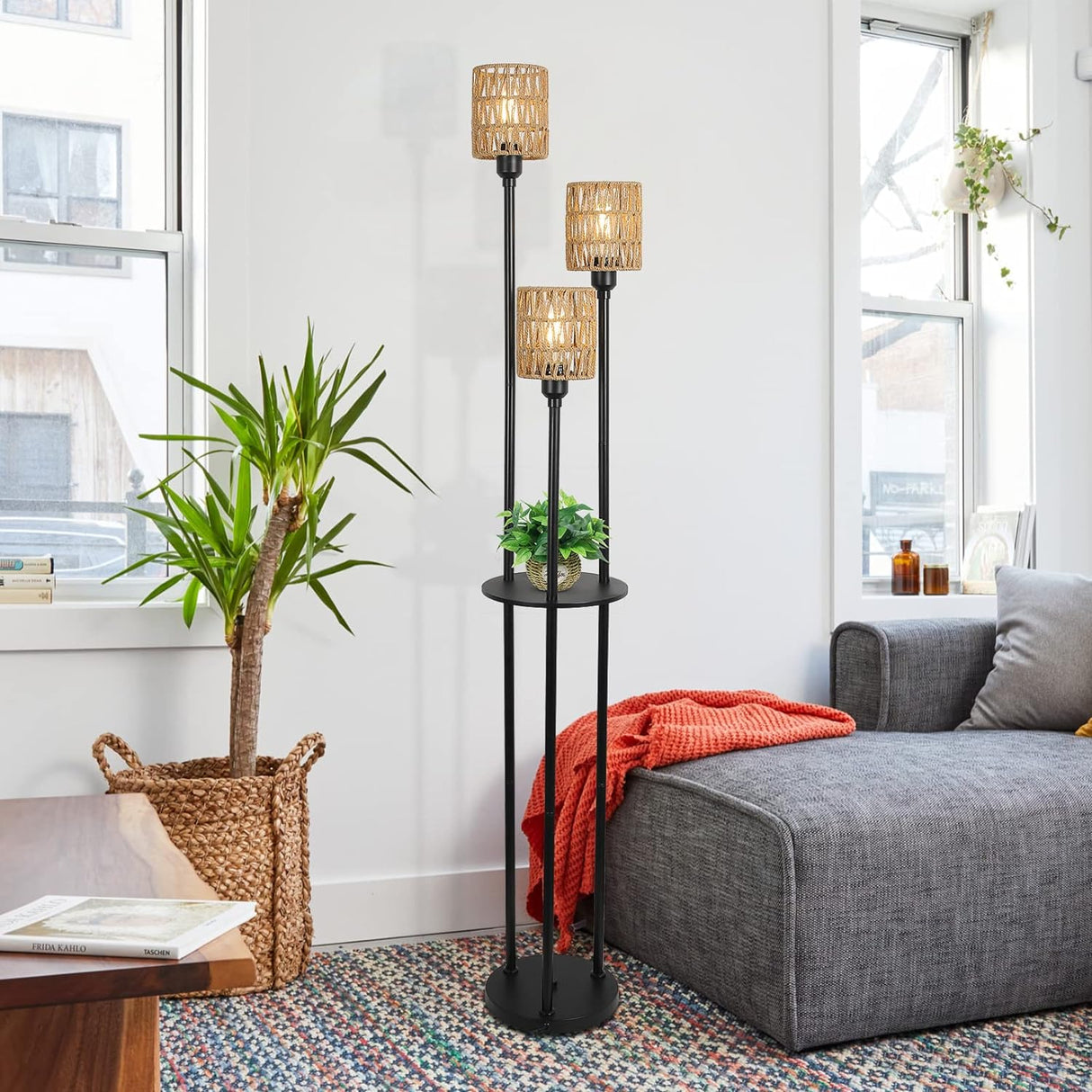 Boho Floor Lamp with Shelves 3-Lights Farmhouse Tall Floor Lamp with ON/OFF Foot Switch Rustic Standing Lamp with Rattan Shades - V.I.P Digital Presence