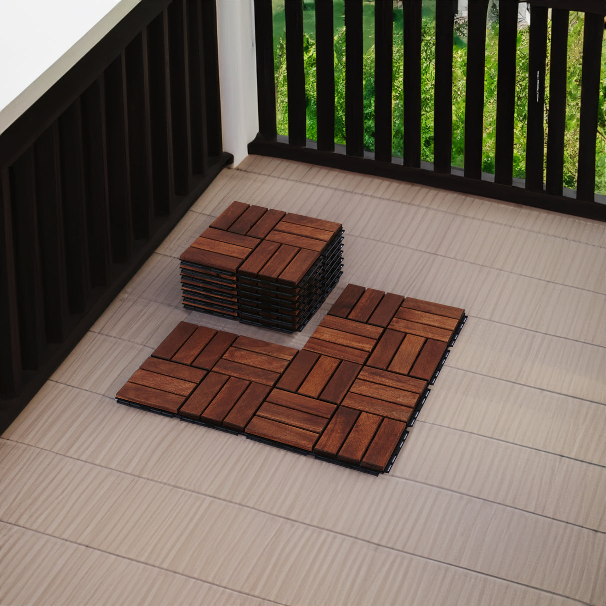 Acacia interlocking deck tile grid pattern, 10 pieces of 12 inch x 12 inch square brown Acacia hardwood outdoor flooring - V.I.P Digital Presence