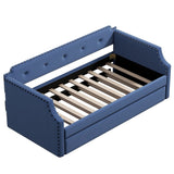 Upholstered Daybed with Trundle, Wood Slat Support,Upholstered Frame Sofa Bed Twin Blue - V.I.P Digital Presence