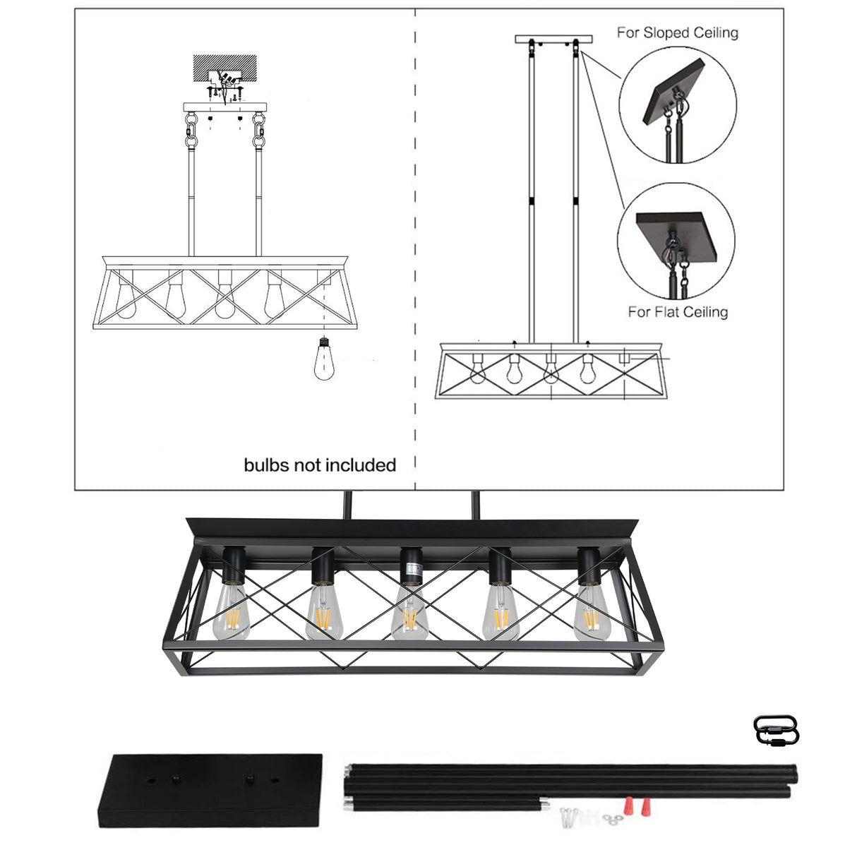 5-light farmhouse pendant light, metal pendant light island fixture, modern rectangular island light, pure black (no bulb) - V.I.P Digital Presence