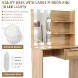 Vanity Desk Set Stool & Dressing Table with LED Lighting Mirror Drawer and Wood Cosmetic Table Chest of Drawers Nature Color - V.I.P Digital Presence