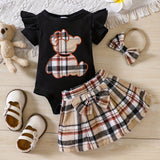 Newborn baby girl summer style teddy bear sticker embroidery bag fart triangle Ha clothes plaid butterfly - V.I.P Digital Presence