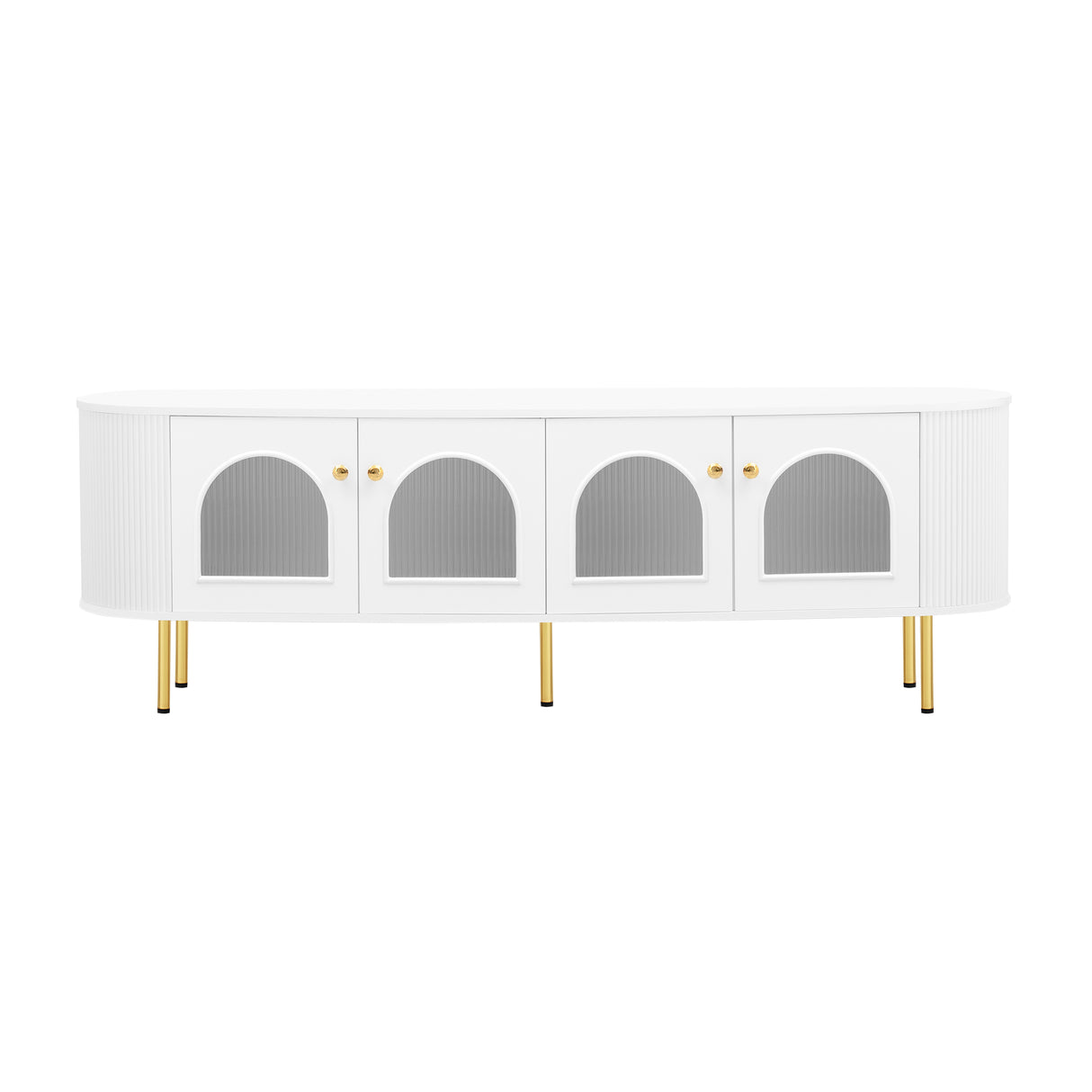 U-Can Modern TV Stand for TVs up to 80 Inches, Entertainment Center with 4 Cabinets, Wood with Metal Legs and Handles White - V.I.P Digital Presence