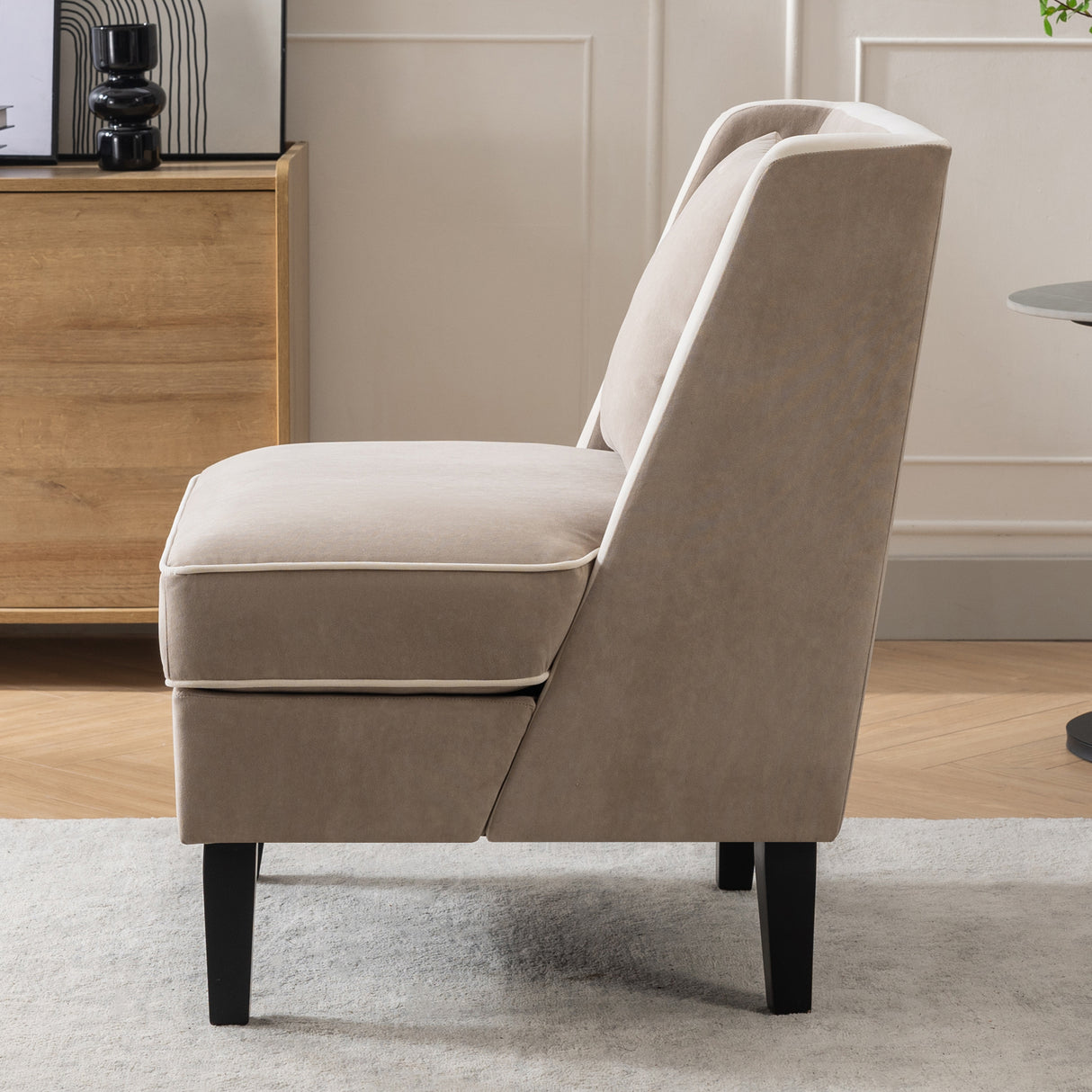 Velvet Upholstered Accent Chair with Cream Piping, Tan and Cream - V.I.P Digital Presence