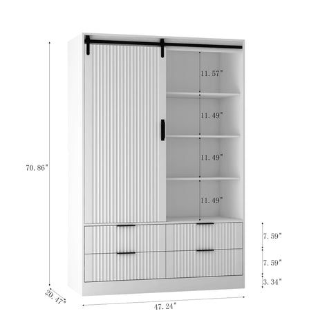 Tall Bedroom Armoire Wardrobe Closet Clothing Storage Cabinet with Hanging Rod Barn Door Drawers Open Shelves,White - V.I.P Digital Presence