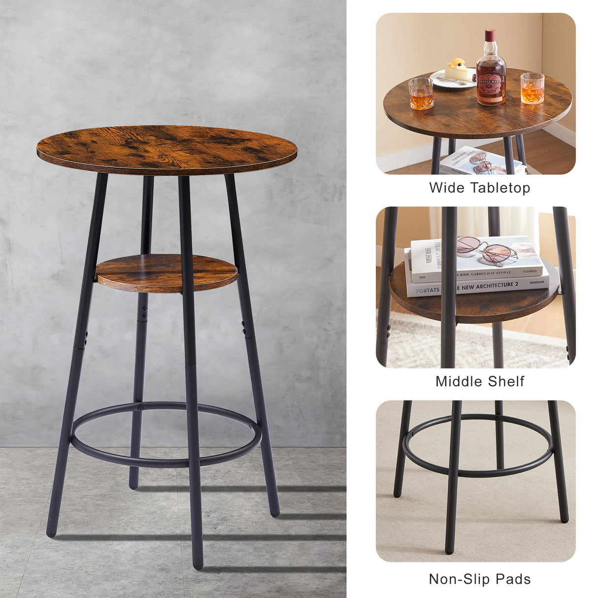 Round bar stool set with shelf upholstered stool with backrest Rustic Brown 23.62'' W x 23.62'' D x 35.43'' H - V.I.P Digital Presence