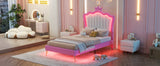 Twin Size Upholstered Bed Frame with LED Lights, Modern Upholstered Princess Bed with Crown Headboard, Pink+White - V.I.P Digital Presence