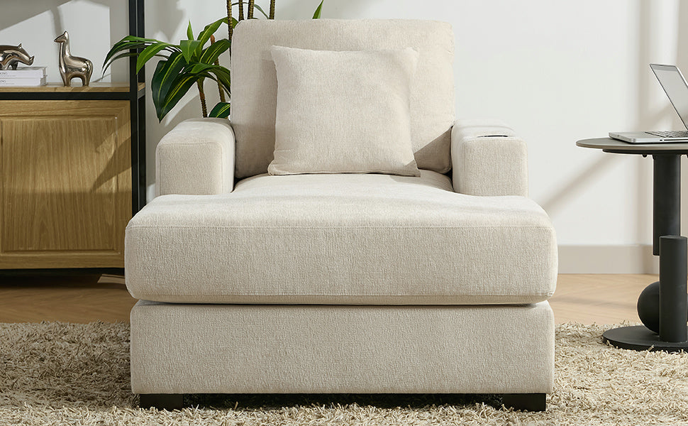 39.7" Oversized Chaise Lounger Modern Style Sofa Couch ,with Pillows, Charge Station & Cup Holders, Chenille Fabric, Cream - V.I.P Digital Presence
