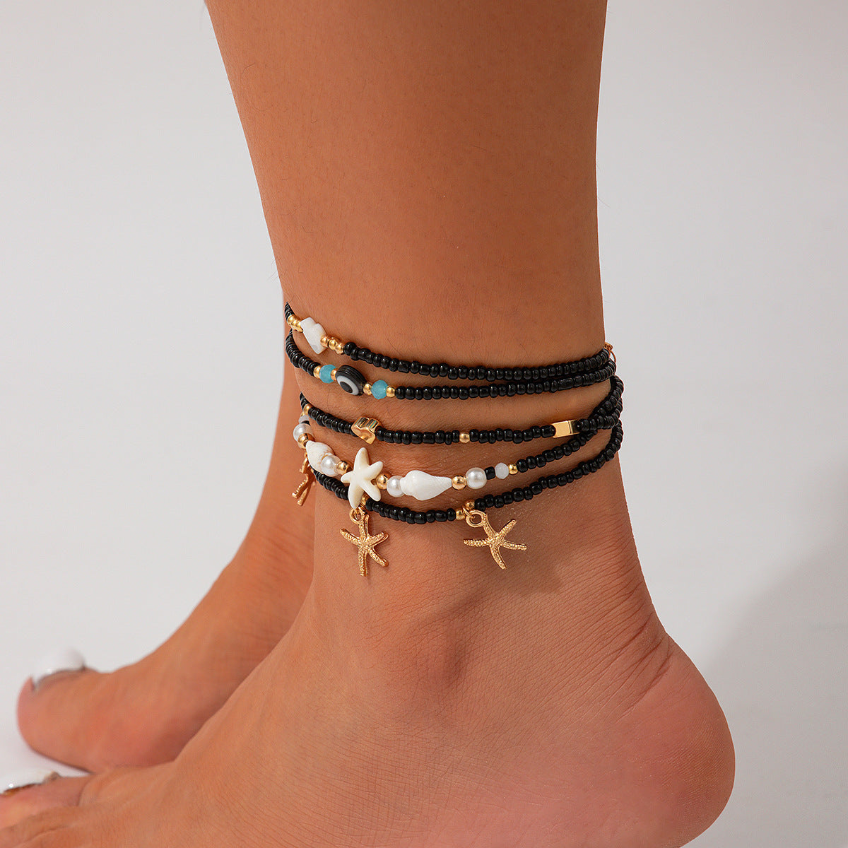 Leisure style beach circular rice bead foot ring 3-piece set, water droplet coin acrylic foot chain - V.I.P Digital Presence