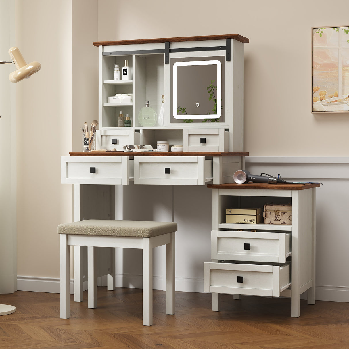 46.5-inch dressing table with adjustable LED lighting mirror and charging station, equipped with soft cushioned stool - V.I.P Digital Presence