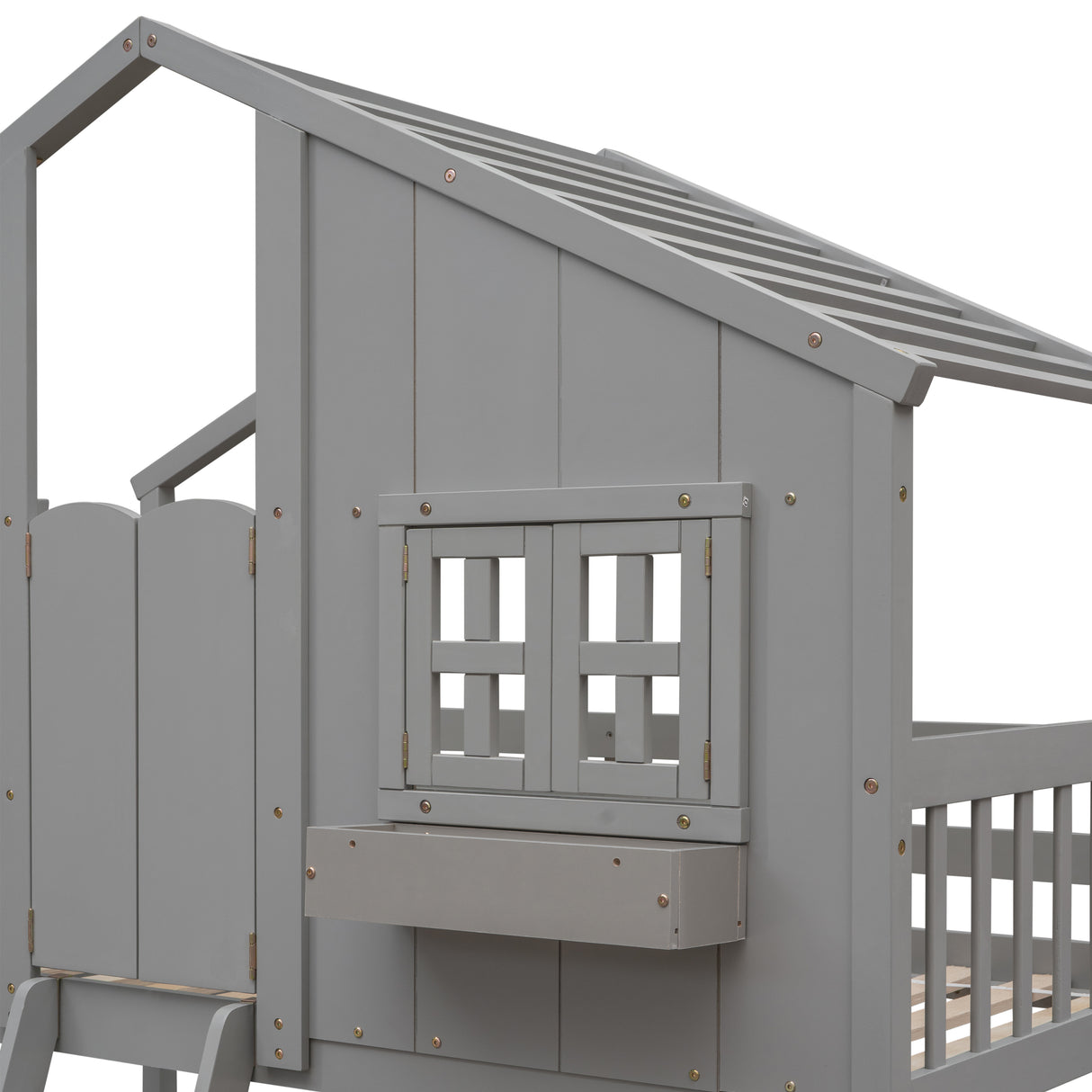 Twin over Twin House Bunk Bed with Roof , Window, Window Box, Door , with Safety Guardrails and Ladder, Grey - V.I.P Digital Presence
