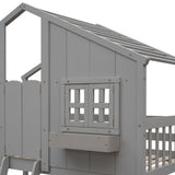 Twin over Twin House Bunk Bed with Roof , Window, Window Box, Door , with Safety Guardrails and Ladder, Grey - V.I.P Digital Presence
