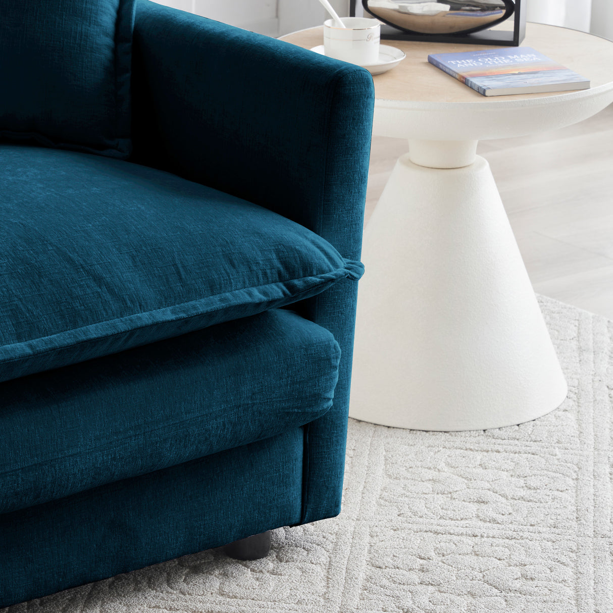 Chenille double sofa with 1 foot pedal, 2 seats L-shaped section, Ottoman style blue Chenille - V.I.P Digital Presence