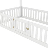 Twin Size Wood House Bed with Fence and Door, White - V.I.P Digital Presence