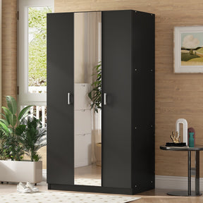 3 Door Wardrobe with Mirror, Armoire with Hanging Rod and 3 Fixed Shelves,Black - V.I.P Digital Presence