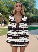 Wavy Striped Tied Front Long Sleeve Cover-Up Dress - V.I.P Digital Presence