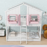 Twin over Twin House Bunk Bed with Roof , Window, Window Box, Door , with Safety Guardrails and Ladder, Pink/White - V.I.P Digital Presence