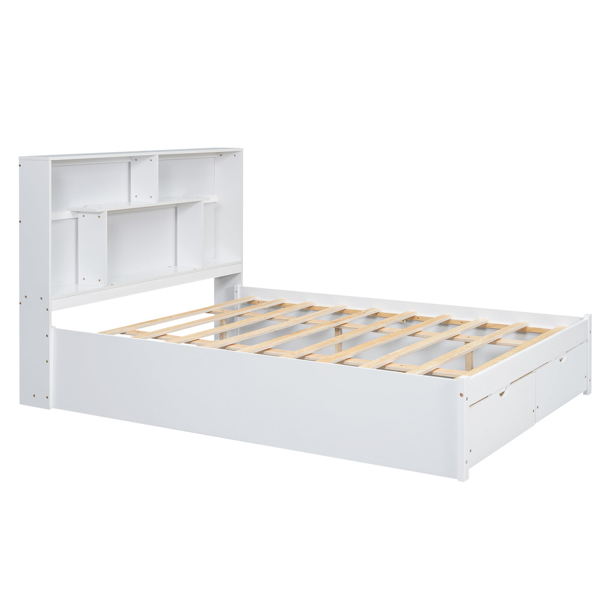 Queen Size Platform Bed with Storage Headboard and 2 Drawers, White - V.I.P Digital Presence