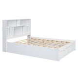 Queen Size Platform Bed with Storage Headboard and 2 Drawers, White - V.I.P Digital Presence