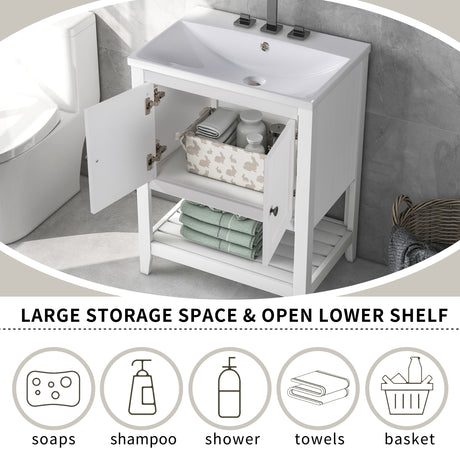 24" White Modern Sleek Bathroom Vanity Elegant Ceramic Sink with Solid Wood Frame Open Style Shelf - V.I.P Digital Presence