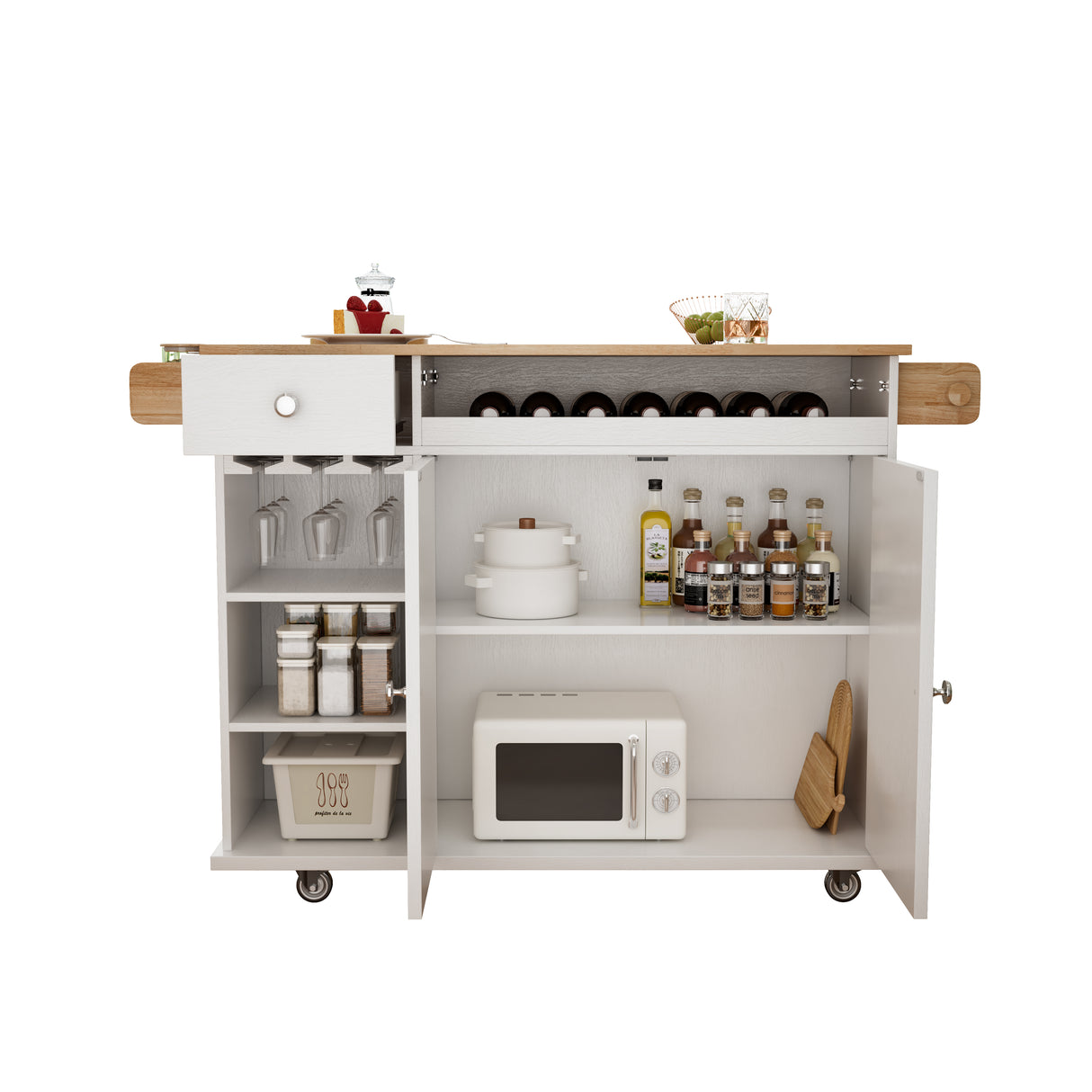 44 Inch Kitchen Island Cart with Solid Wood Top, Wine Storage, Spice Rack, Towel Rack, Wine Glass Holder White & Oak - V.I.P Digital Presence