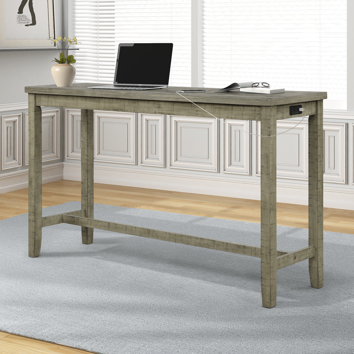 TOPMAX 4 Pieces Counter Height Table with Fabric Padded Stools,Rustic Bar Dining Set with Socket,Gray Green - V.I.P Digital Presence
