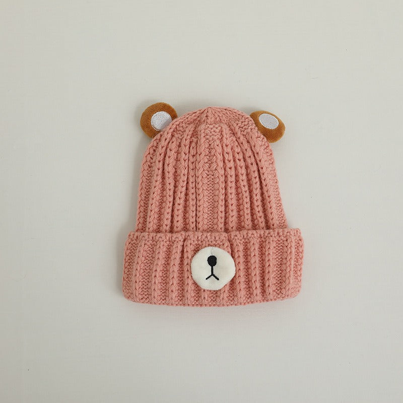 Gorro de punto cálido para niños de otoño e invierno, bonito gorro de lana de color caramelo con forma de oso, gorro cálido coreano para bebés, para hombres y mujeres, tendencia