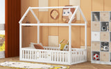 Twin Size Wood House Bed with Fence and Door, White - V.I.P Digital Presence