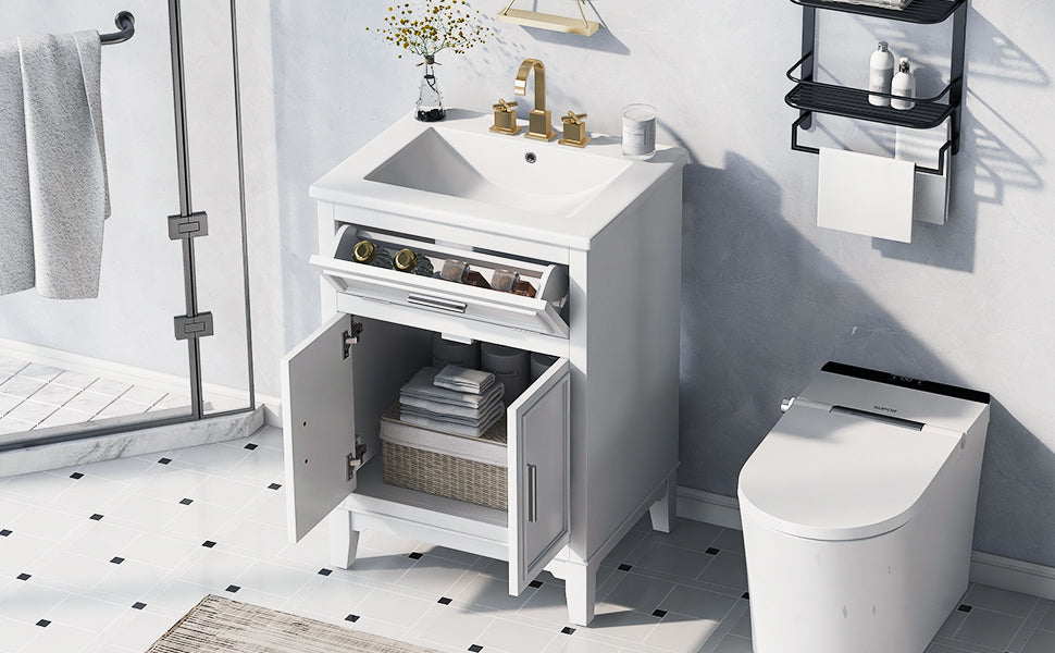 24" Bathroom Vanity with Sink, Bathroom Vanity Cabinet with One Flip Drawer and Doors, Solid Wood and MDF, White - V.I.P Digital Presence