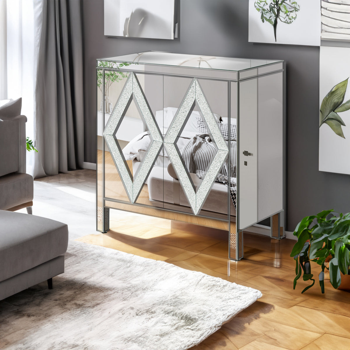 Storage Cabinet With Mirror Trim And Diamond Shape Design Spliced Combination For Living Room, Dining Room, Entryway, Kitchen - V.I.P Digital Presence