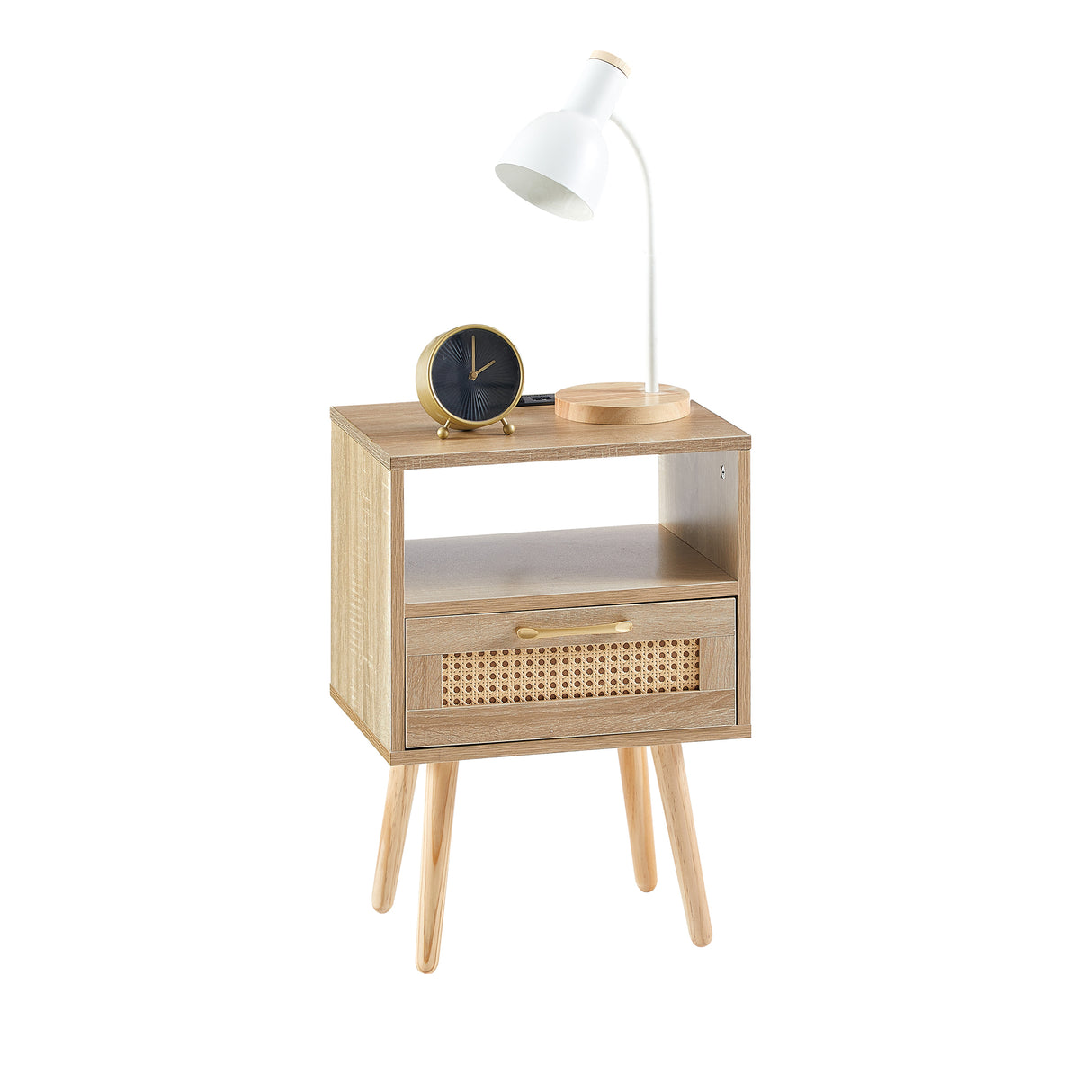 15.75" Rattan End table with Power Outlet & USB Ports  Modern nightstand with drawer and solid wood legs - V.I.P Digital Presence