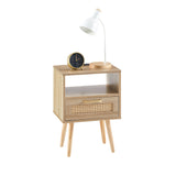 15.75" Rattan End table with Power Outlet & USB Ports  Modern nightstand with drawer and solid wood legs - V.I.P Digital Presence