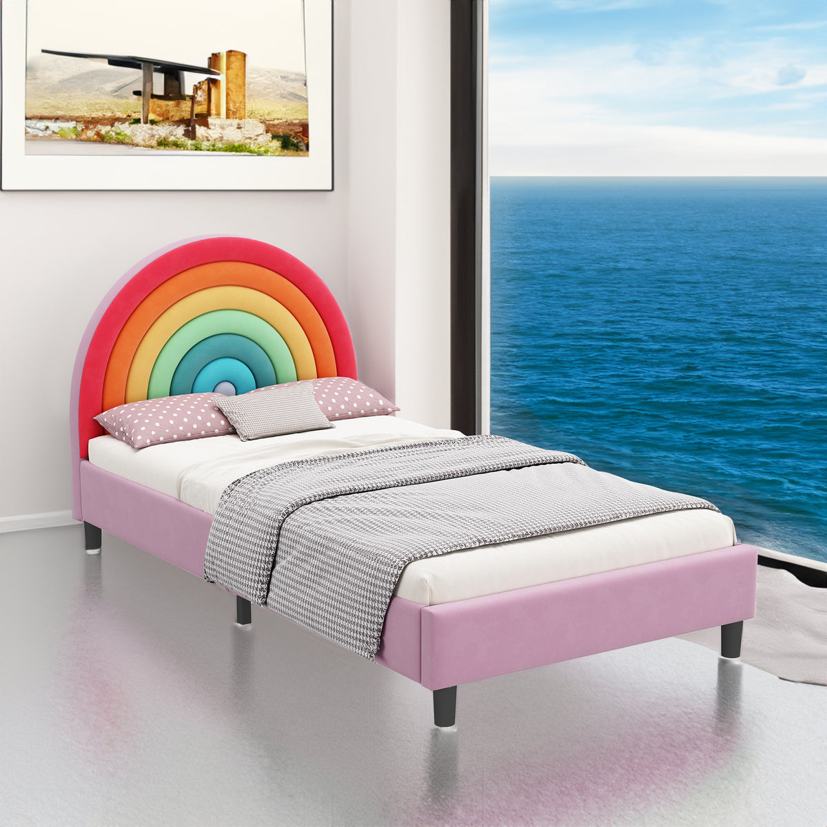 Rainbow Design Upholstered Twin Platform Bed Cute Style Princess Bed for Boys & Girls, Teens, Colorful & Pink - V.I.P Digital Presence