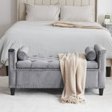 Storage Bench, 44.5-Inch Queen Velvet Button Bedside Bench, Entryway Living Room with Armrests, Nailhead Trim Gray - V.I.P Digital Presence