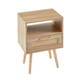 15.75" Rattan End table with drawer and solid wood legs Modern nightstand side table for living room natural - V.I.P Digital Presence