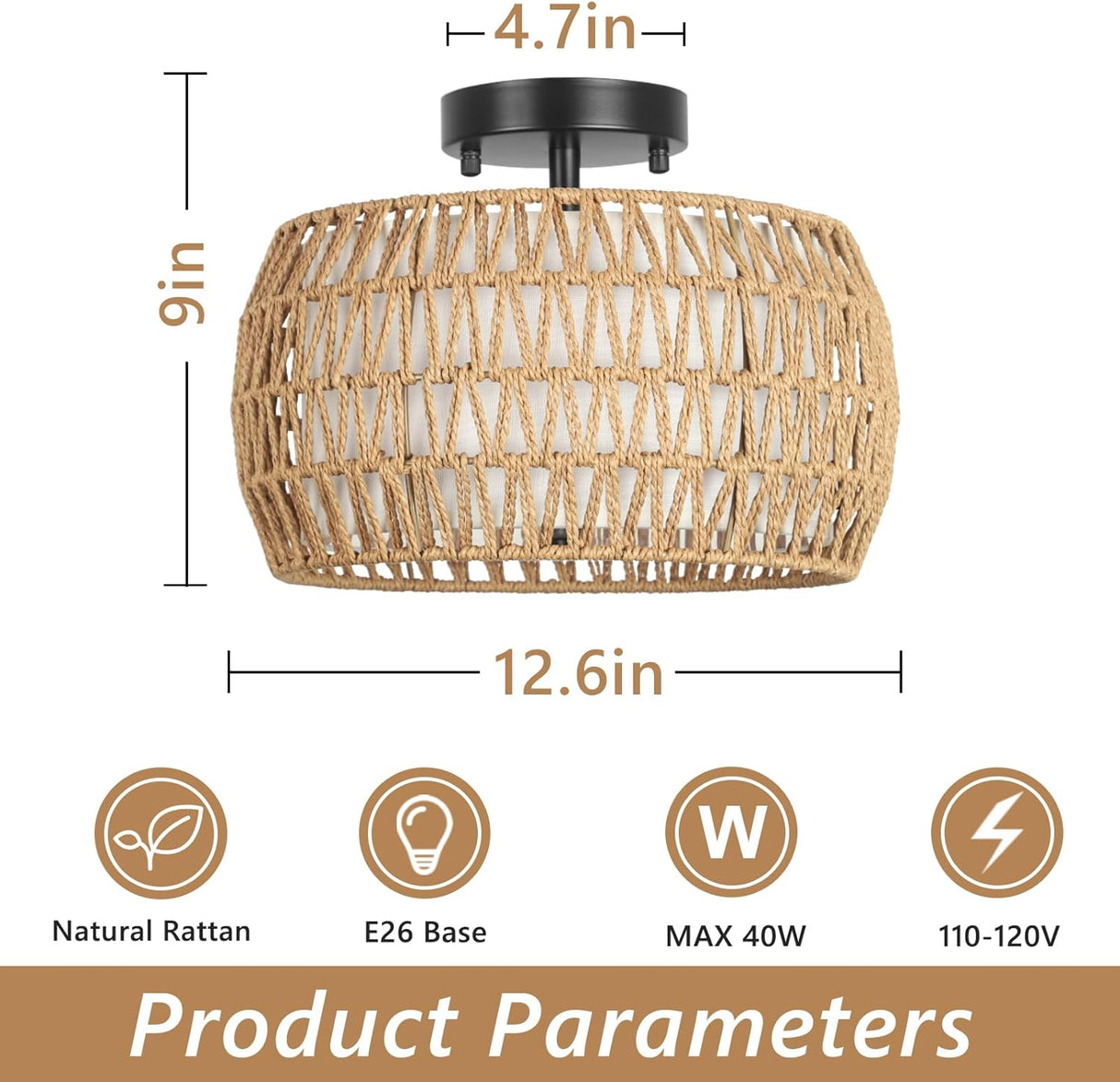 Boho Light Fixtures Ceiling Mount, Rattan Semi Flush Mount Ceiling Light, Farmhouse Light Fixtures with Fabric Shades - V.I.P Digital Presence