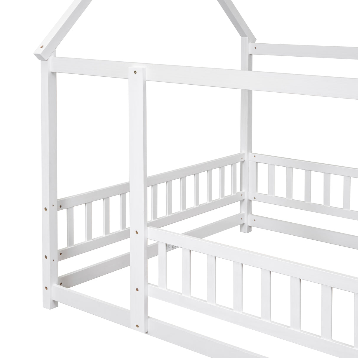 Full Size Floor Wooden Bed with House Roof Frame, Fence Guardrails ,White - V.I.P Digital Presence
